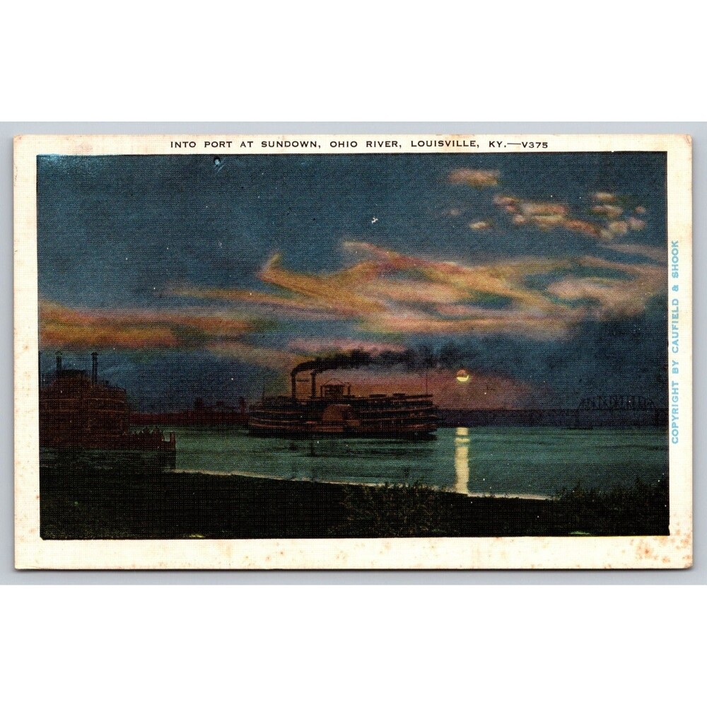 Postcard Kentucky Louisville Ohio River Steamboat Port at Sundown Moon Post 1941